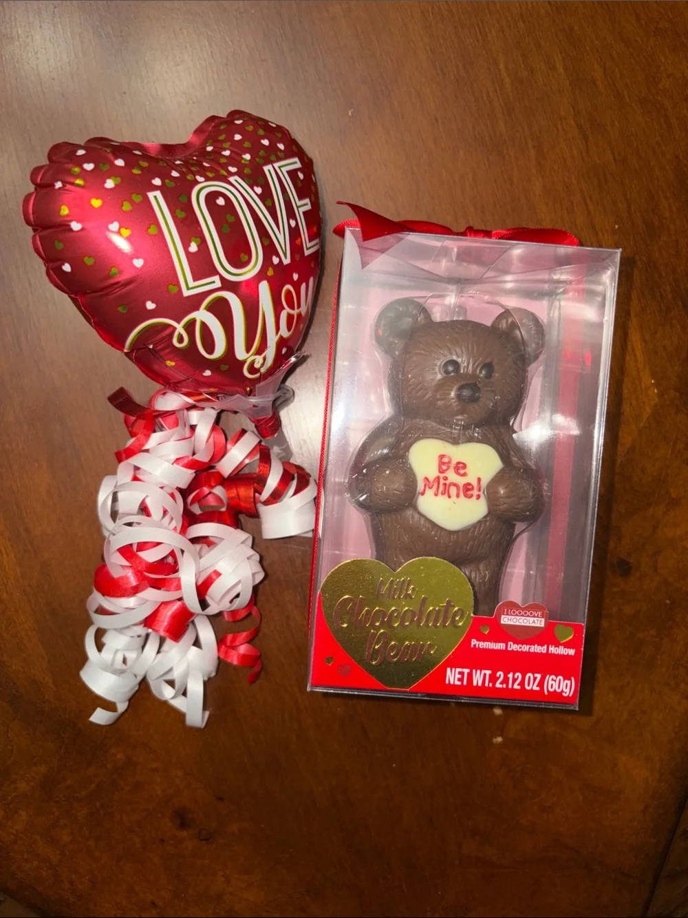 Red 'Love You' Heart Balloon with Red & White Ribbon and Chocolate Bear Gift